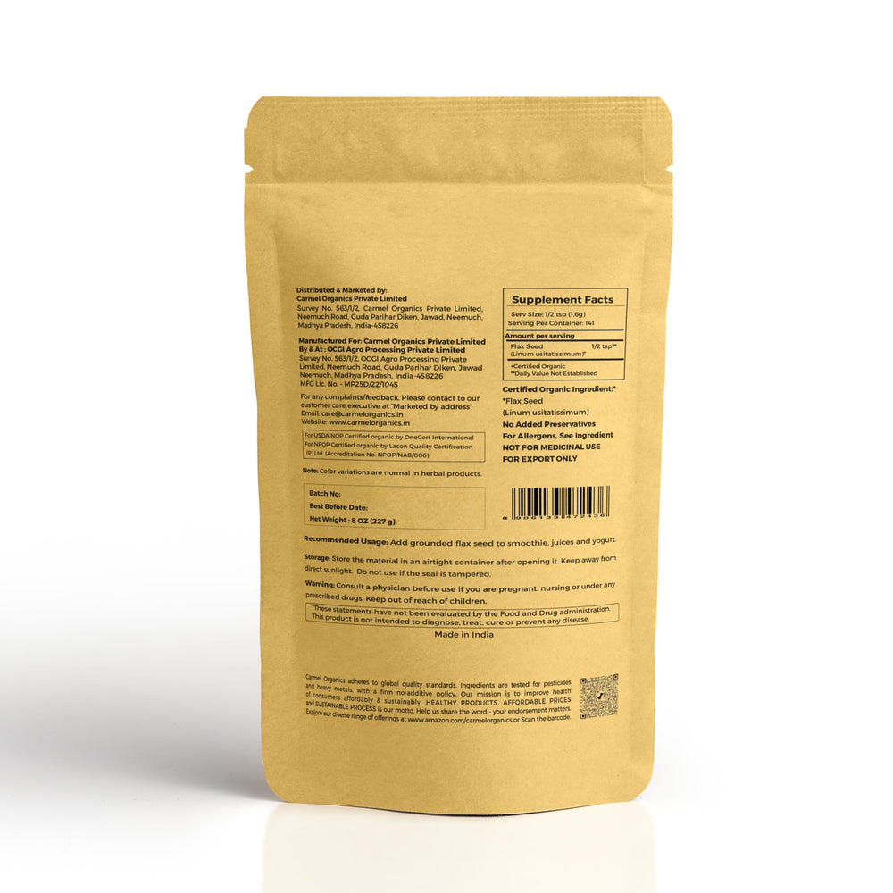 Close-up of Carmel Organics brown flax seeds, rich in fiber for meals.