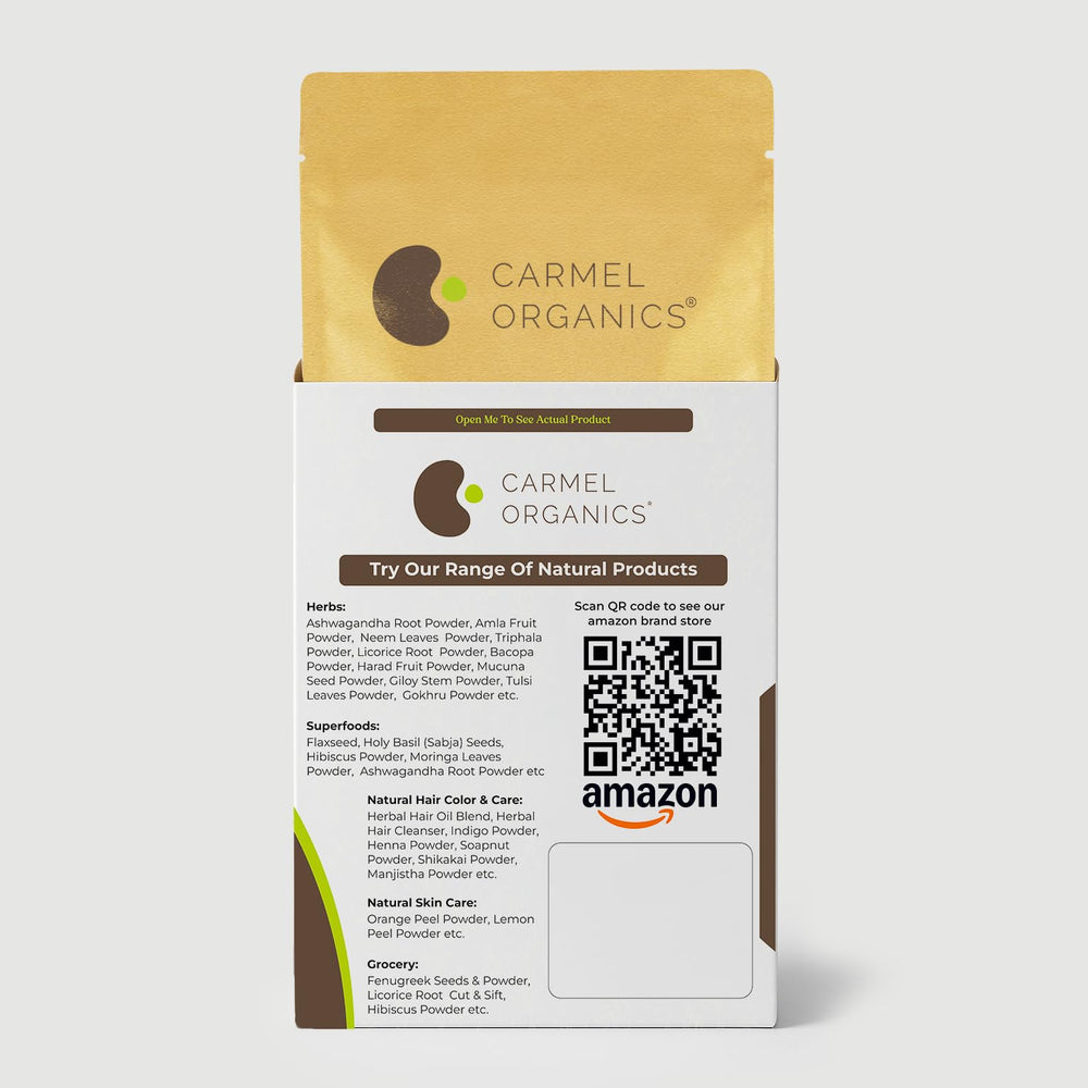 Carmel Organics packaging shows kosher and non-GMO seals.