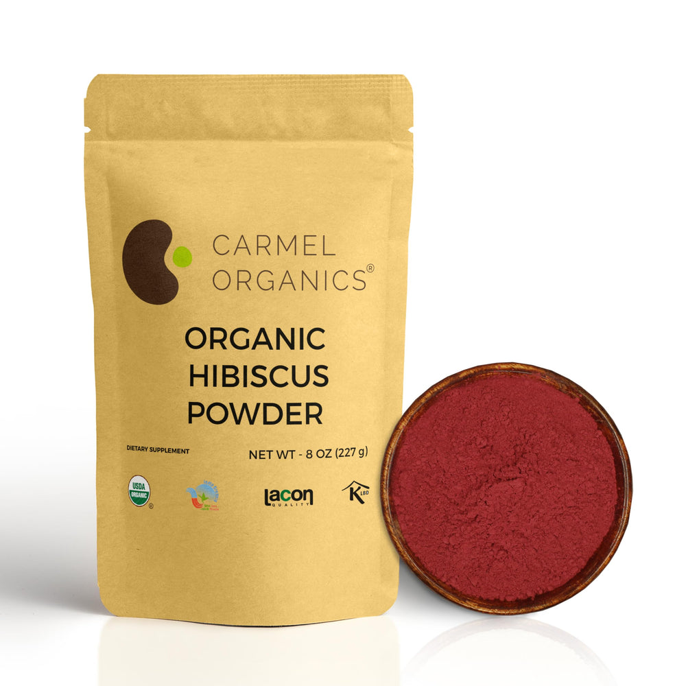 Carmel Organics hibiscus powder packaging highlighting organic origin