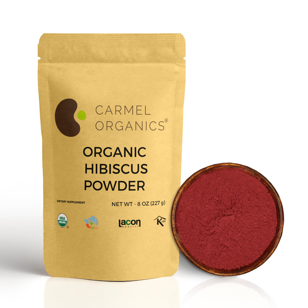 Carmel Organics hibiscus powder packaging highlighting organic origin