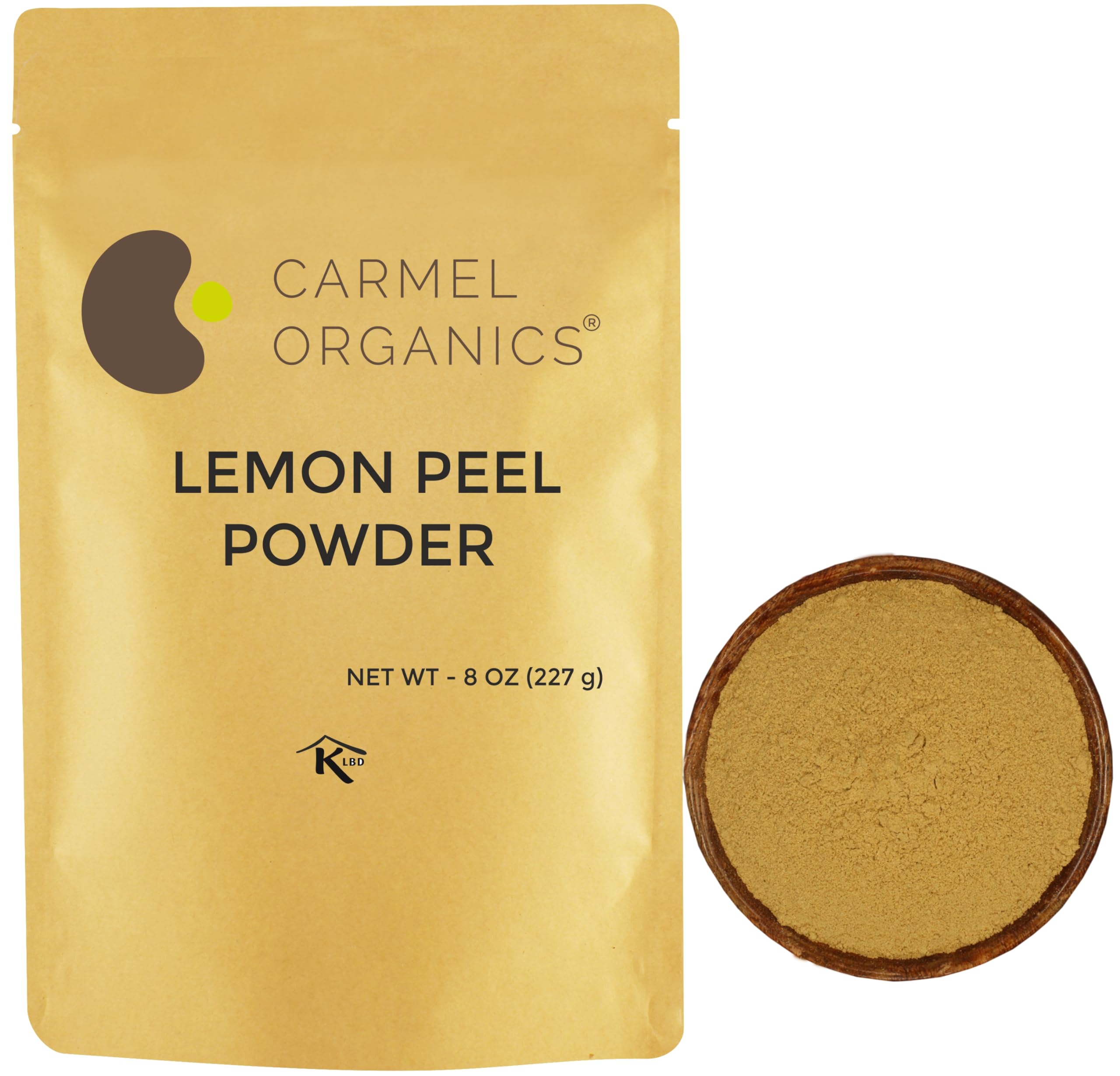 Carmel Organics Lemon Peel Powder 8 oz front view for DIY skin care and gentle exfoliation.