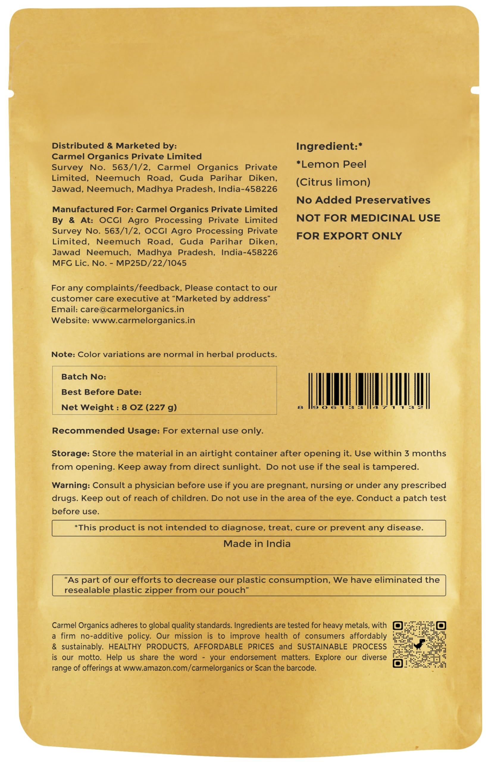 Packaging close-up of Carmel Organics Lemon Peel Powder highlighting preservative-free quality.