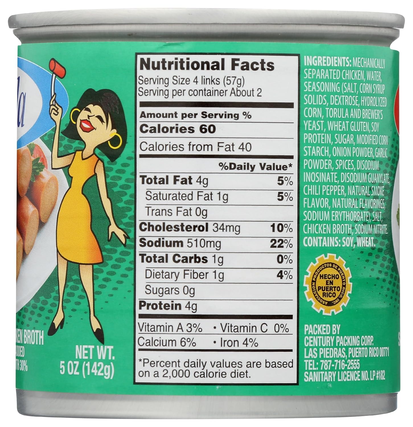 Carmela can closeup showing Vienna sausage piece in broth