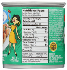 Carmela can closeup showing Vienna sausage piece in broth