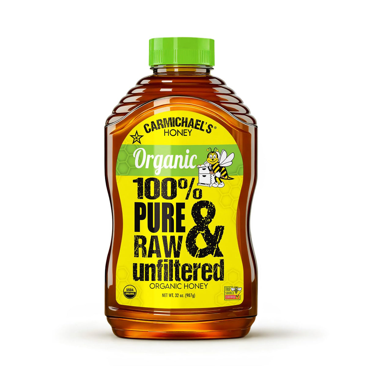 Carmichael's Organic Honey bottle top view showing raw, unfiltered sweetness