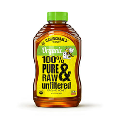 Carmichael's Organic Honey bottle top view showing raw, unfiltered sweetness