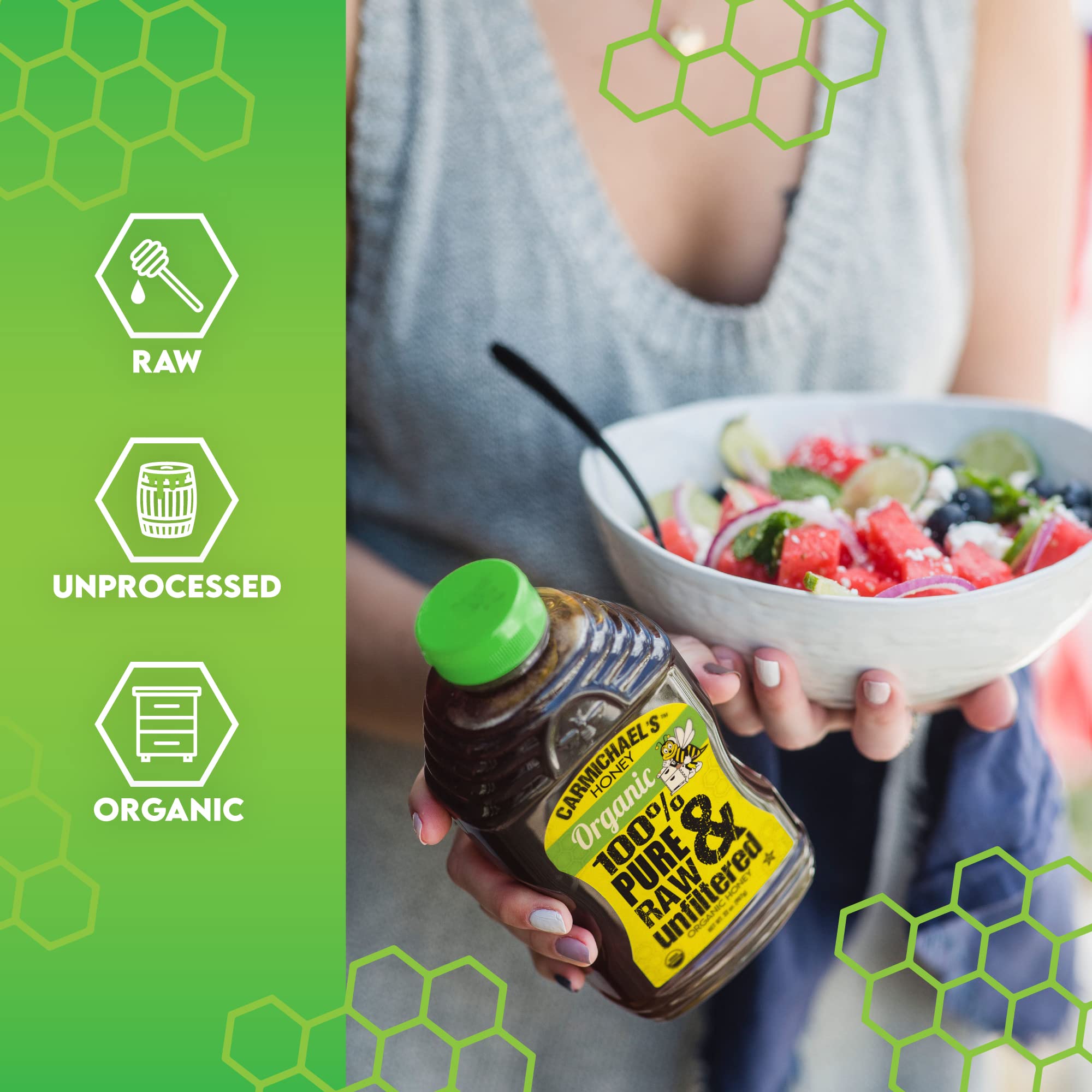 Carmichael's Honey dressing a fresh salad with a natural glaze