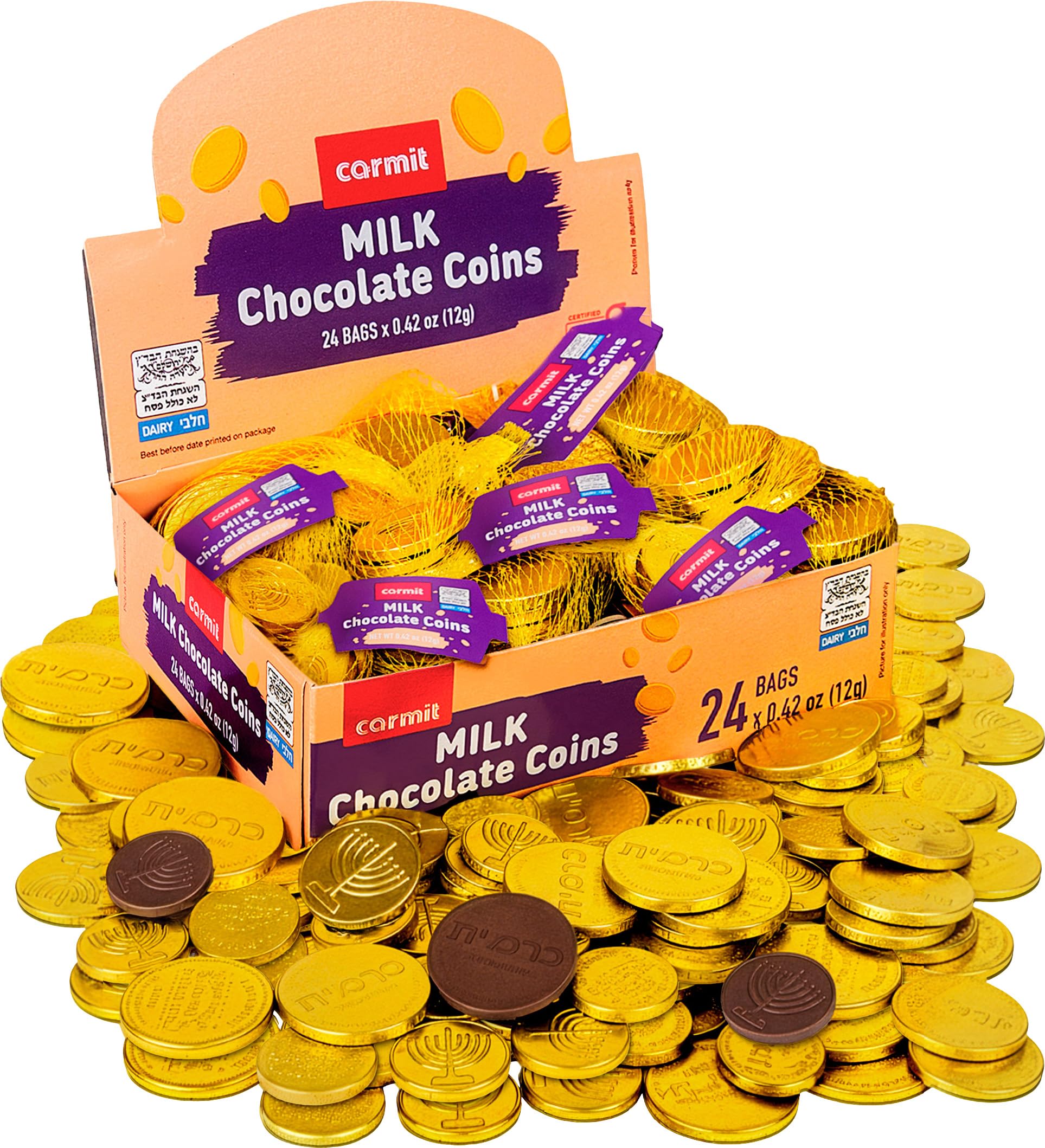 Carmit gold chocolate coins in shiny foil, ideal Hanukkah gelt for dreidel games.