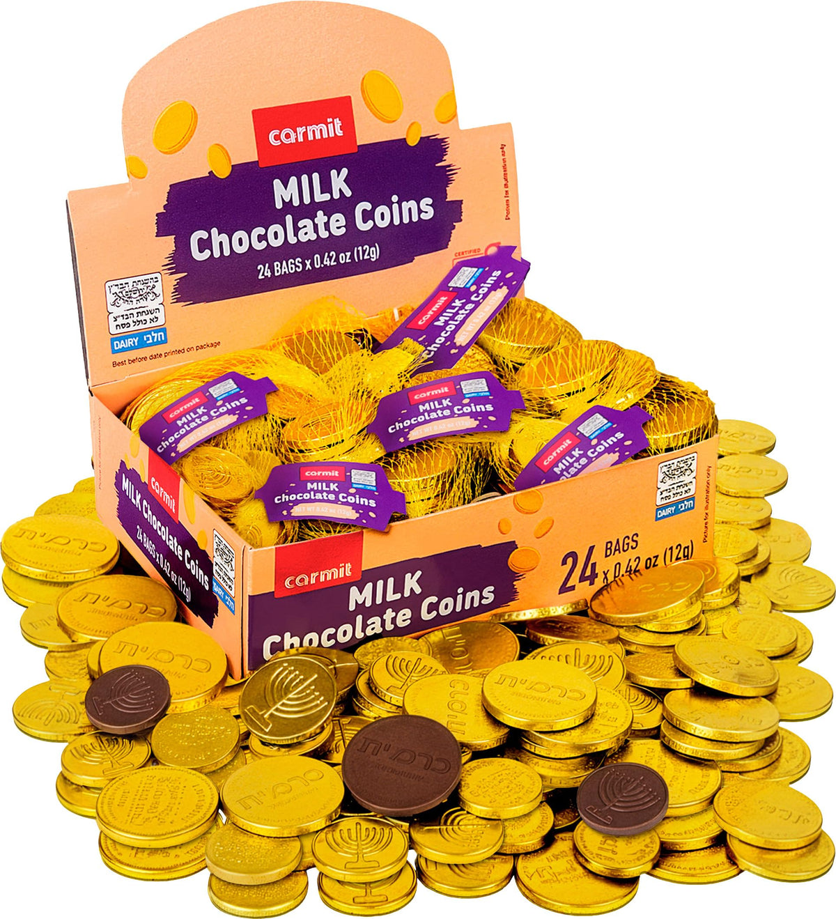 Carmit gold chocolate coins in shiny foil, ideal Hanukkah gelt for dreidel games.