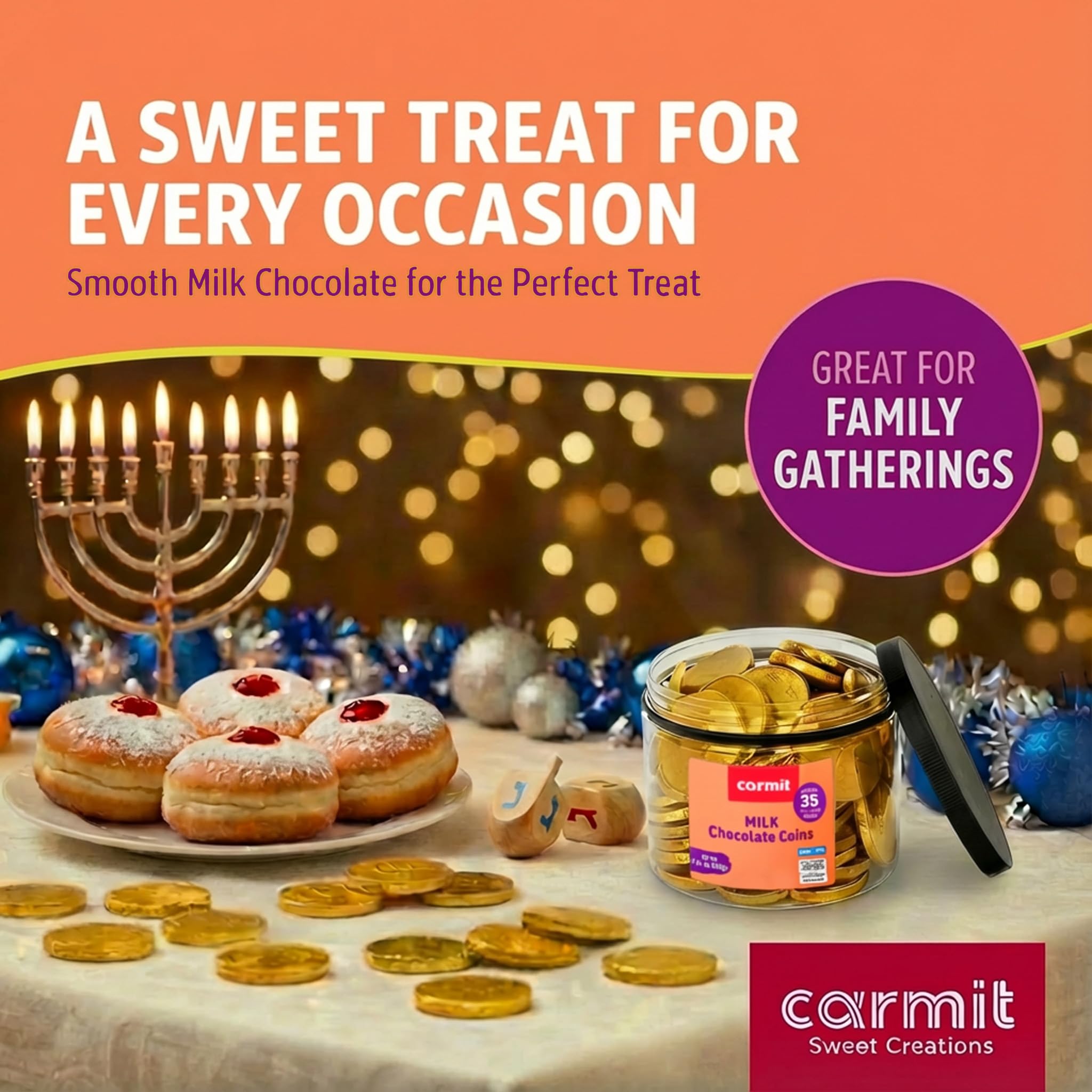 Carmit Gold coins close-up showing glossy foil wrappers and creamy chocolate