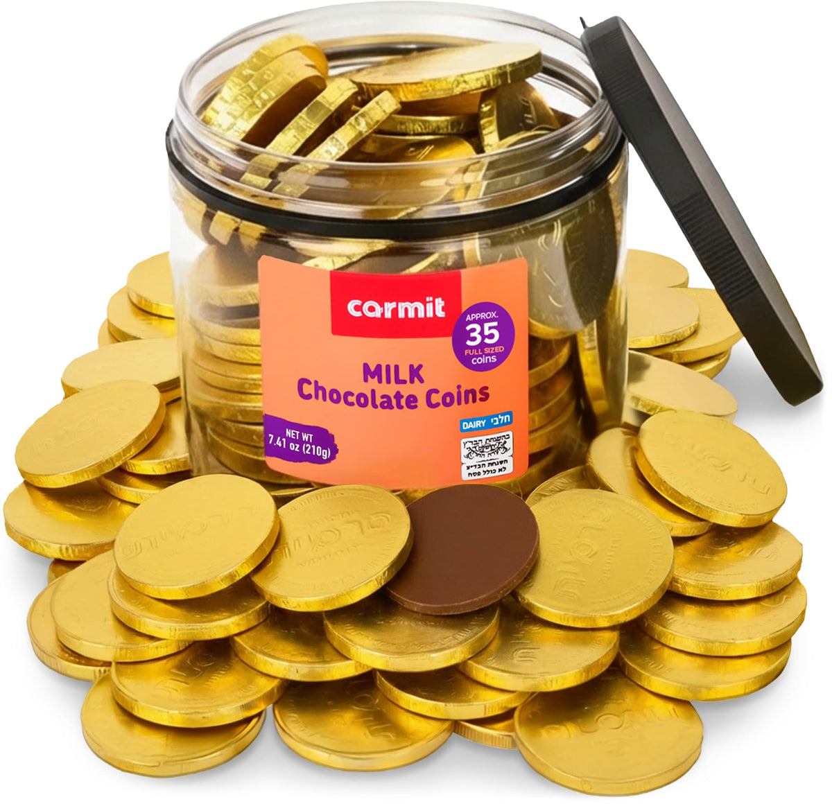 Carmit Gold Real Milk Chocolate Coins in a resealable tub for sharing and gifting