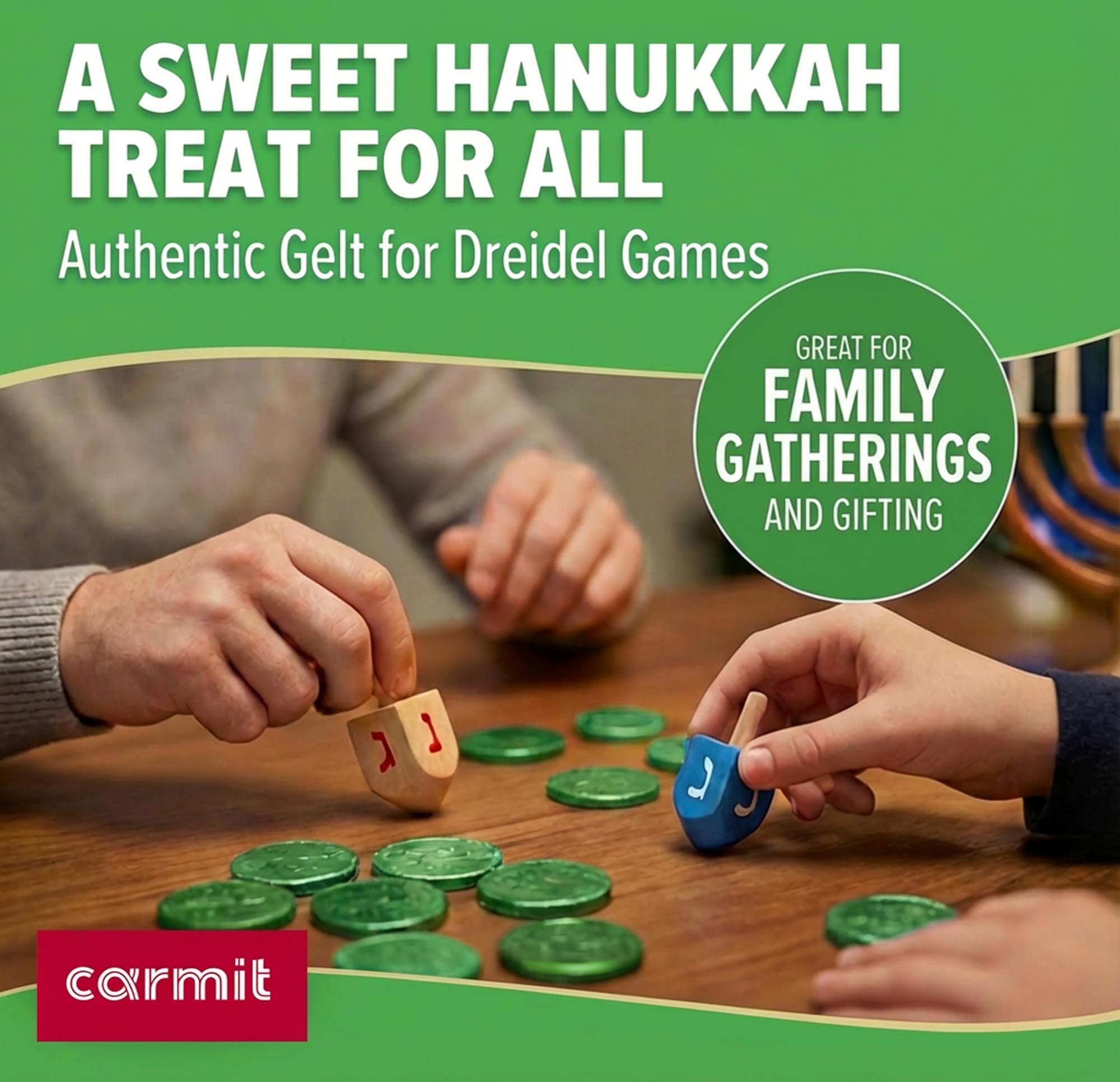 Carmit green foil-wrapped coins adding sparkle to gift baskets.