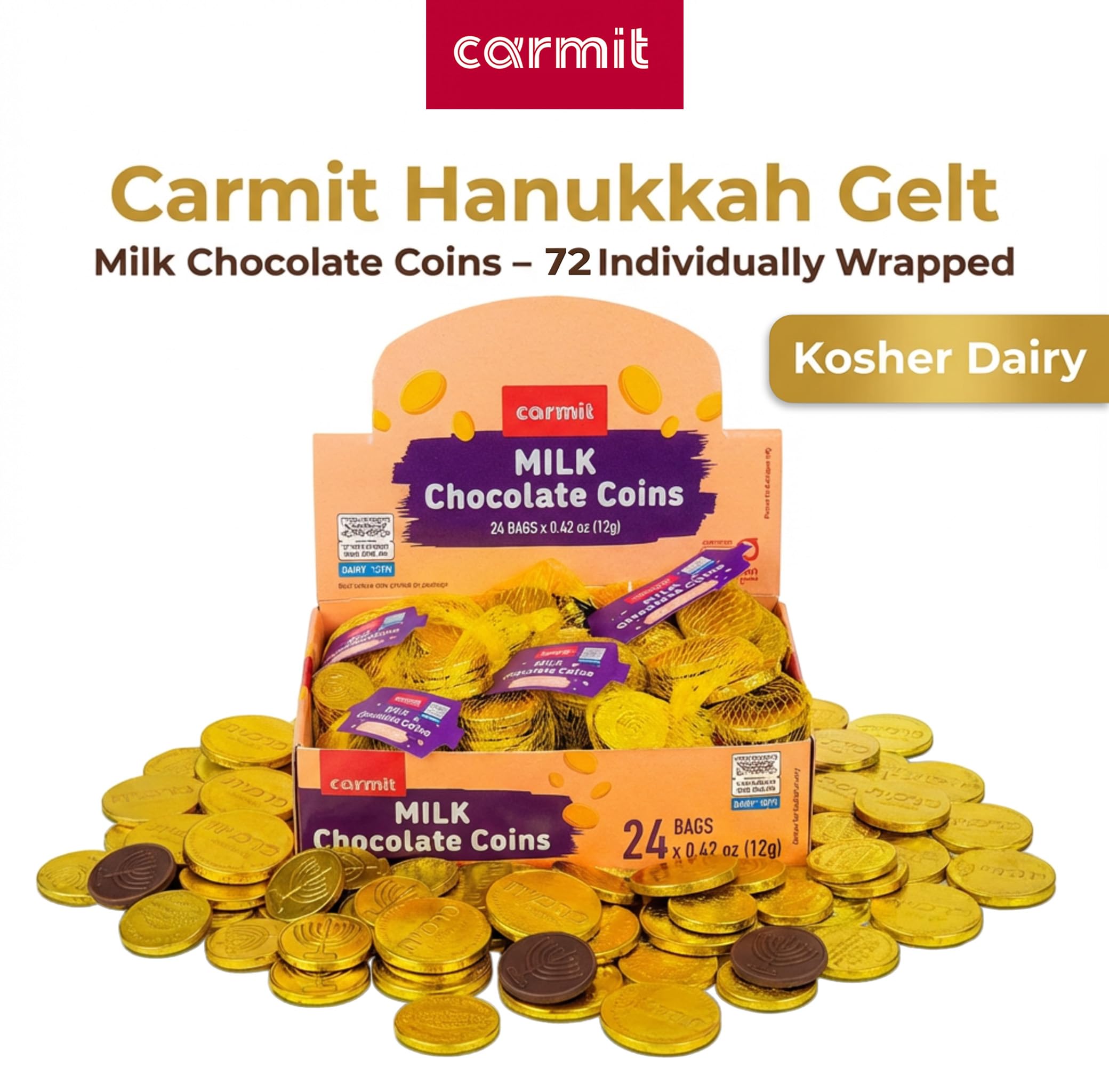 Carmit Hanukkah gelt coins with gold wrappers for gift baskets and events.