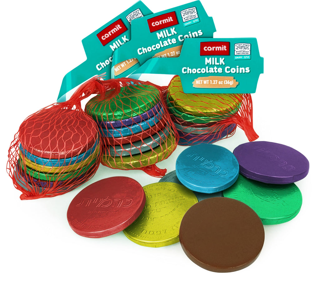 Carmit milk chocolate coins with bright foil wrappers, ideal for dreidel games and gifts.