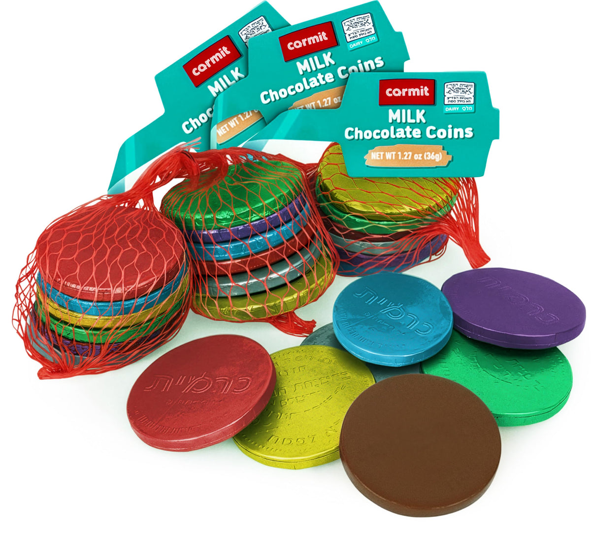 Carmit milk chocolate coins with bright foil wrappers, ideal for dreidel games and gifts.