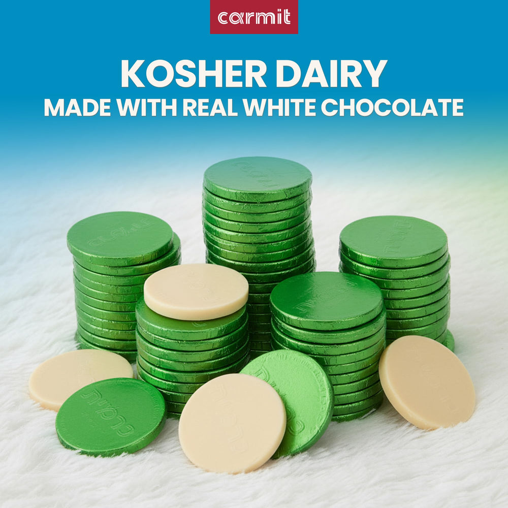 Carmit white chocolate coins, individually wrapped for freshness and gifting.