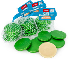 Carmit white chocolate coins with green foil, perfect Hanukkah gelt for dreidel games.