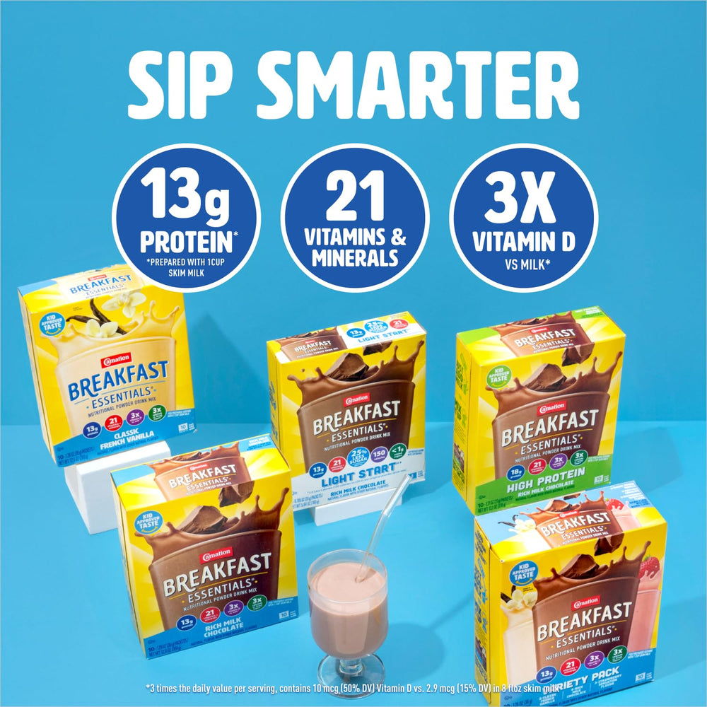 Carnation Breakfast Essentials box open with 22 packets ready for weeknights.
