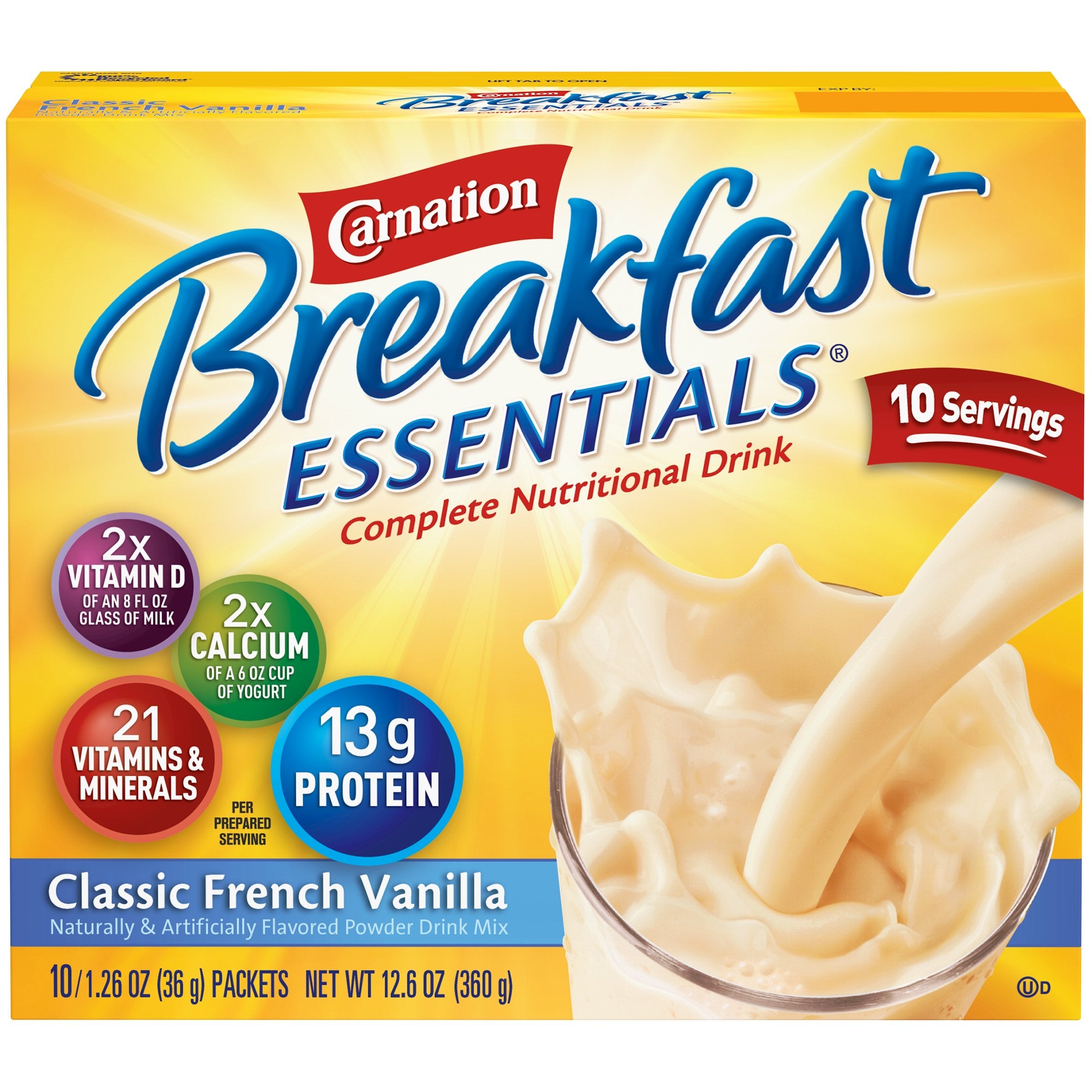 Carnation Breakfast Essentials Classic French Vanilla 2-pack box on kitchen counter for quick morning nutrition