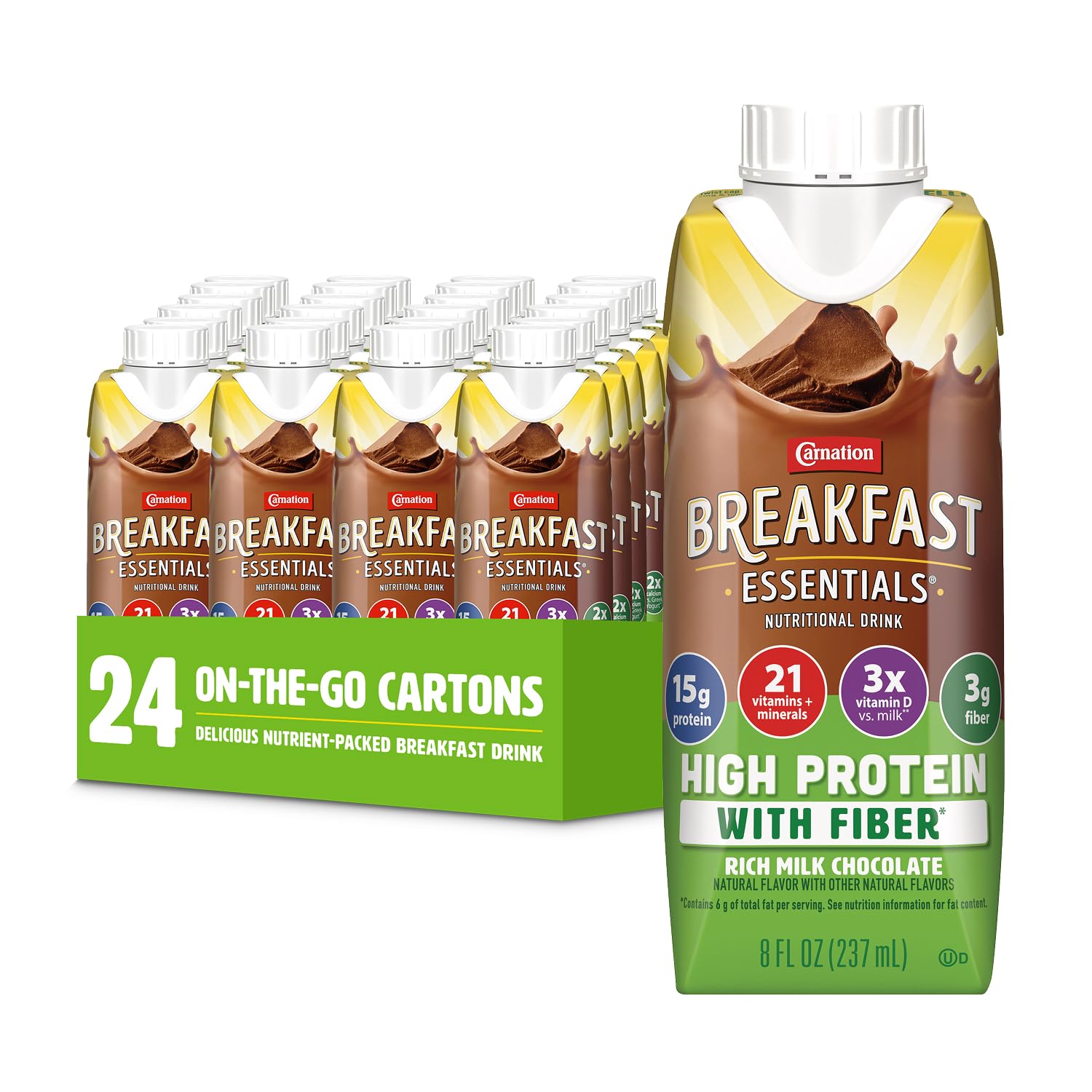 Carnation Breakfast Essentials high-protein fiber drink bottle in chocolate flavor for quick morning fuel.