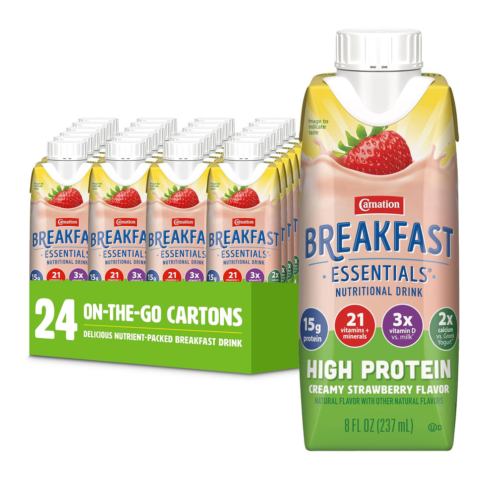 Carnation Breakfast Essentials High Protein bottle front with creamy strawberry flavor