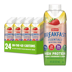 Carnation Breakfast Essentials High Protein bottle front with creamy strawberry flavor