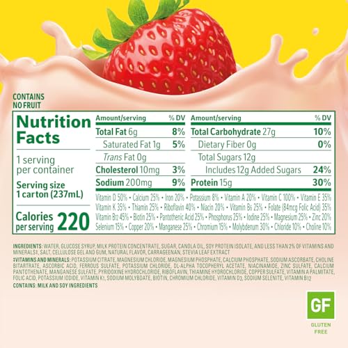 Carnation High Protein strawberry glass angled for ready breakfast boost