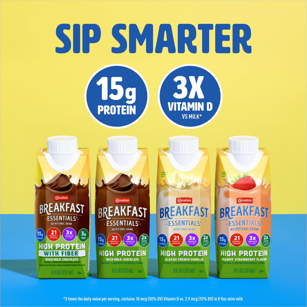 Carnation Breakfast Essentials on a family breakfast table, a convenient morning option.