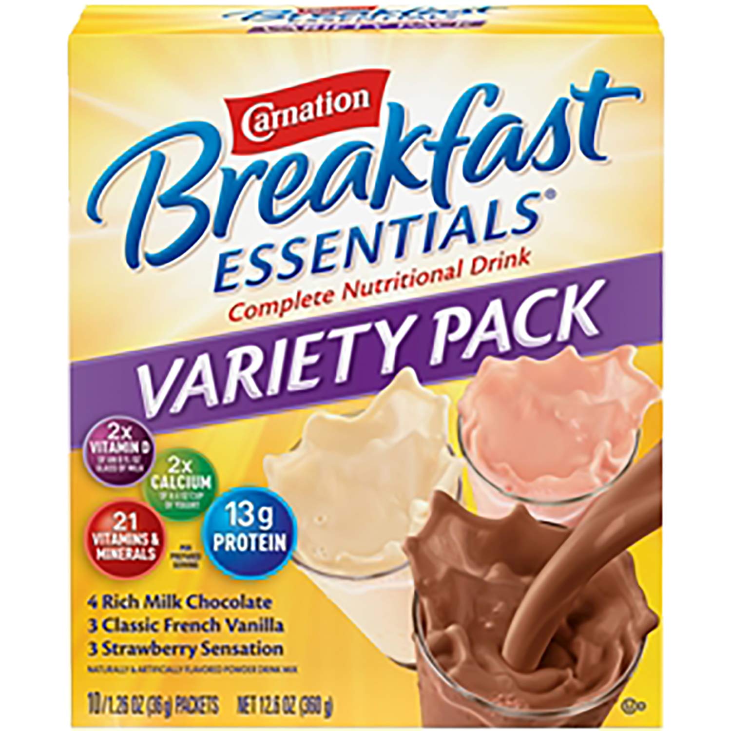 Carnation Breakfast Essentials packets close-up show convenient single-serve mix.
