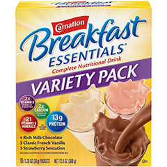 Carnation Breakfast Essentials packets close-up show convenient single-serve mix.