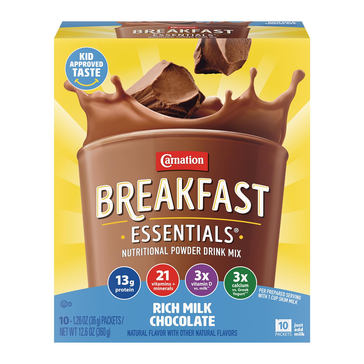 Carnation Breakfast Essentials rich milk chocolate powder box front highlights protein option