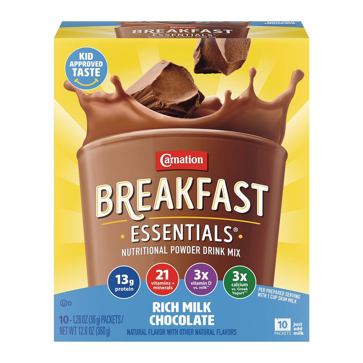 Carnation Breakfast Essentials rich milk chocolate powder box front highlights protein option