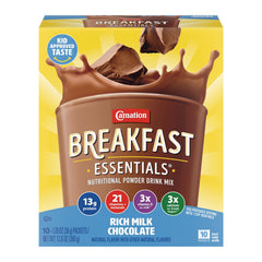 Carnation Breakfast Essentials rich milk chocolate powder box front highlights protein option