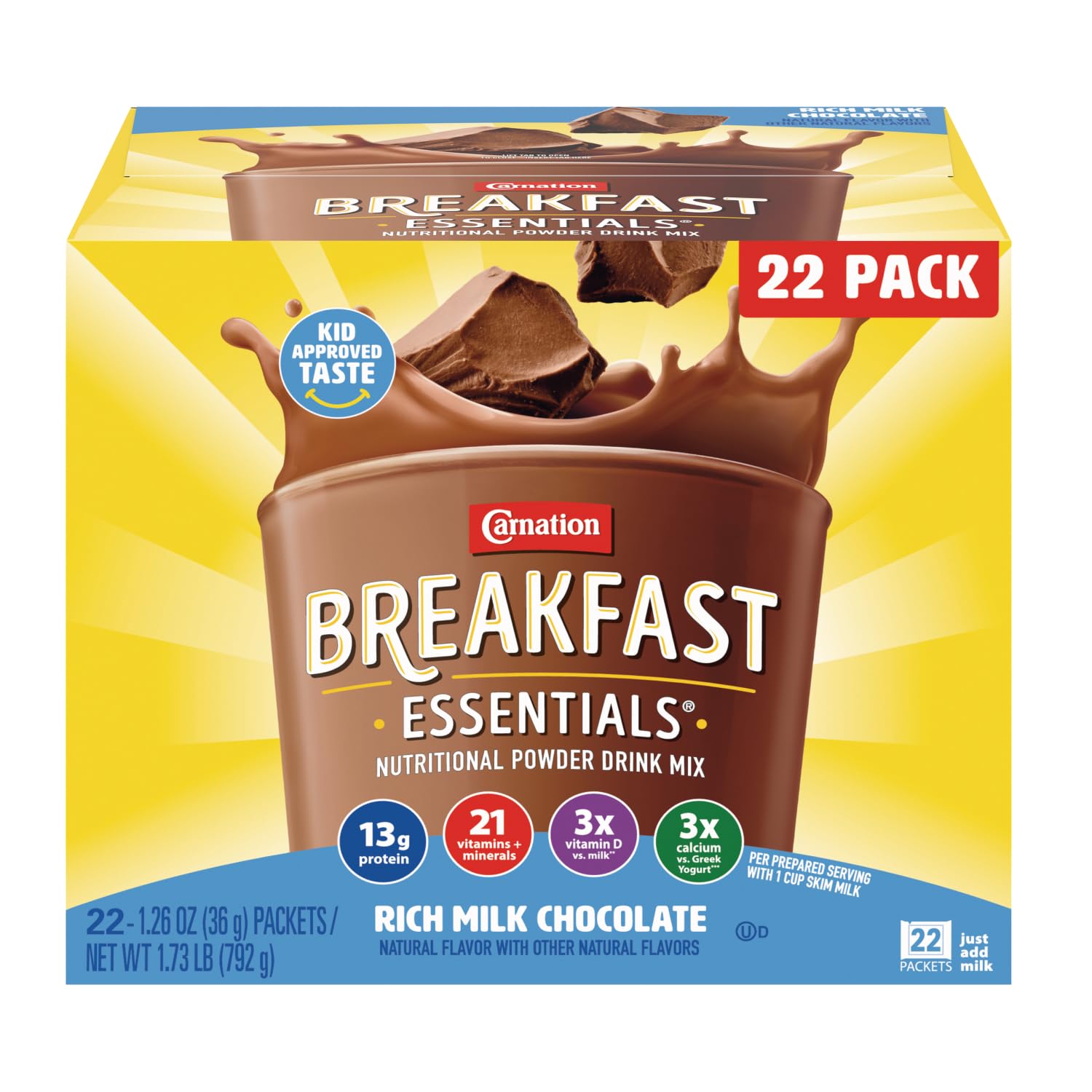 Carnation Breakfast Essentials rich milk chocolate powder packet closeup for protein boost at breakfast.