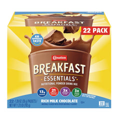 Carnation Breakfast Essentials rich milk chocolate powder packet closeup for protein boost at breakfast.