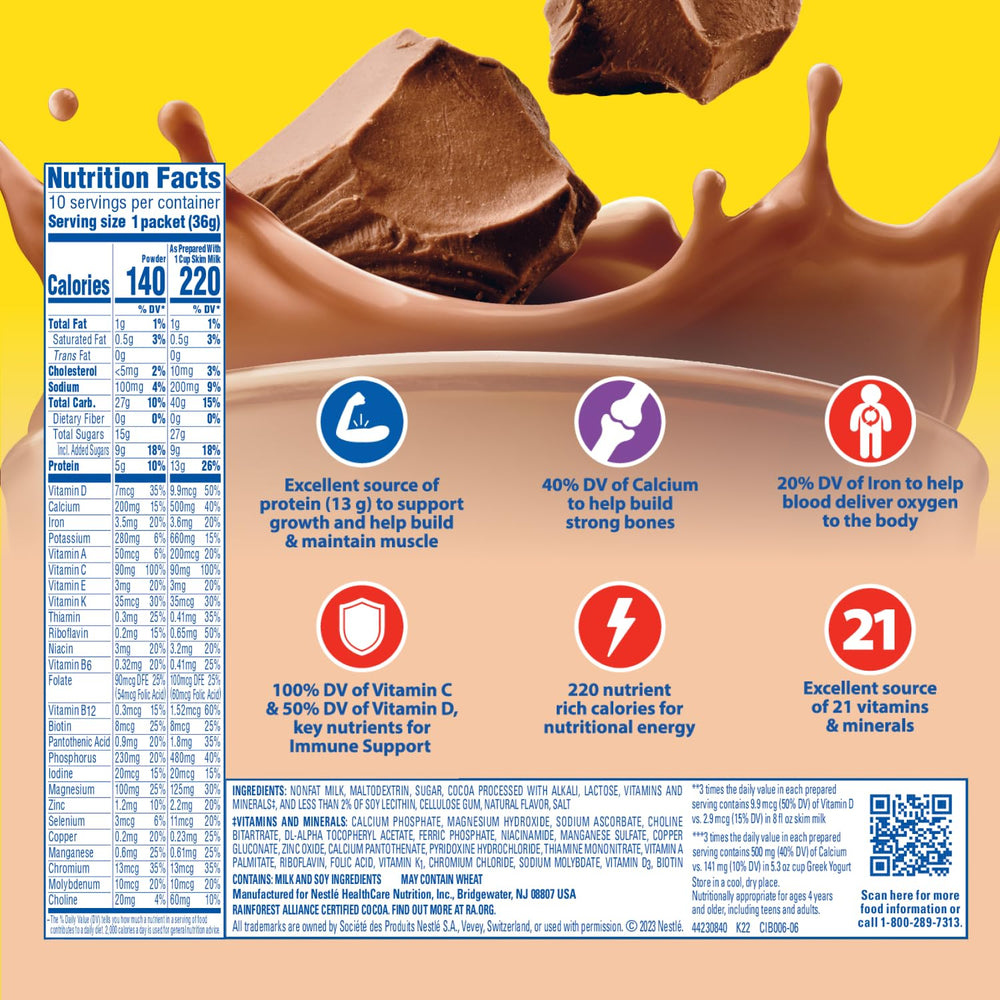 Pouring Carnation Breakfast Essentials powder into skim milk for 13g protein