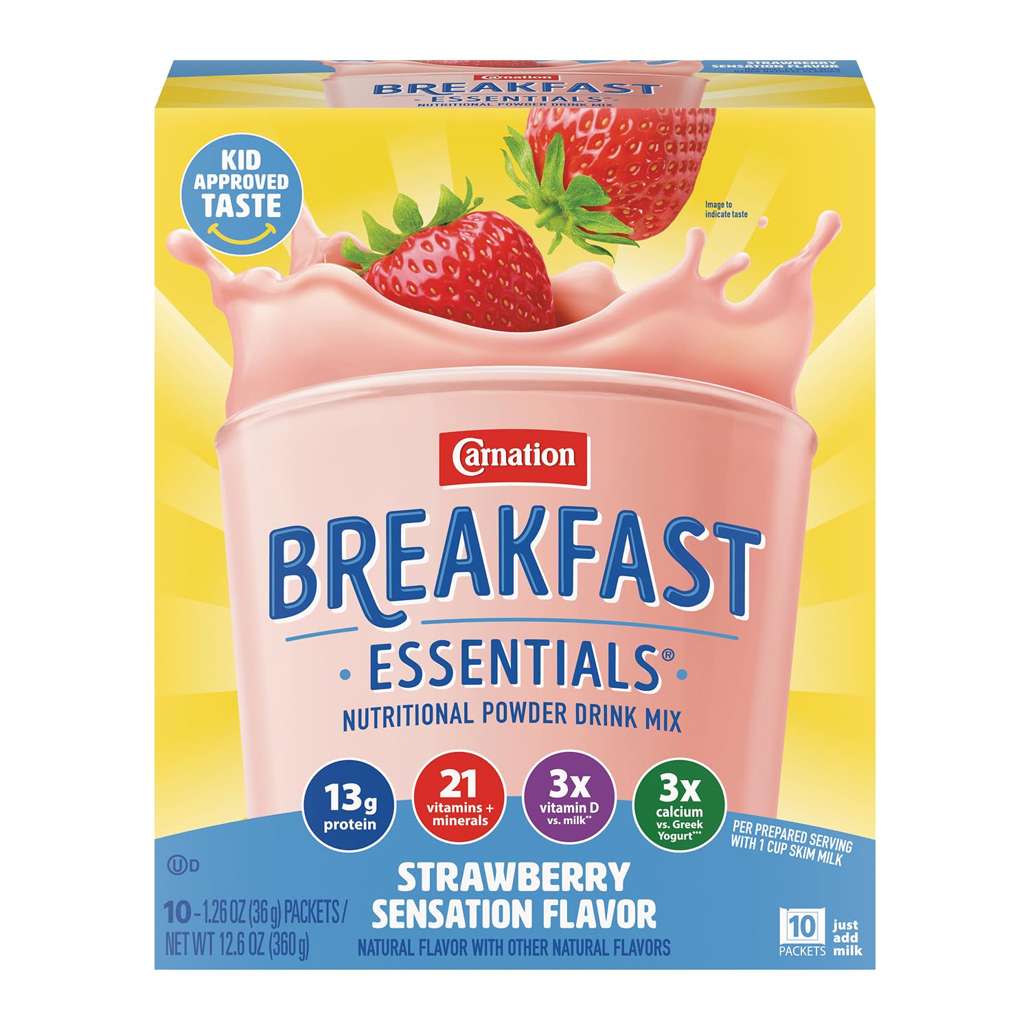Carnation Breakfast Essentials Strawberry powder being poured for a quick, protein-rich breakfast.
