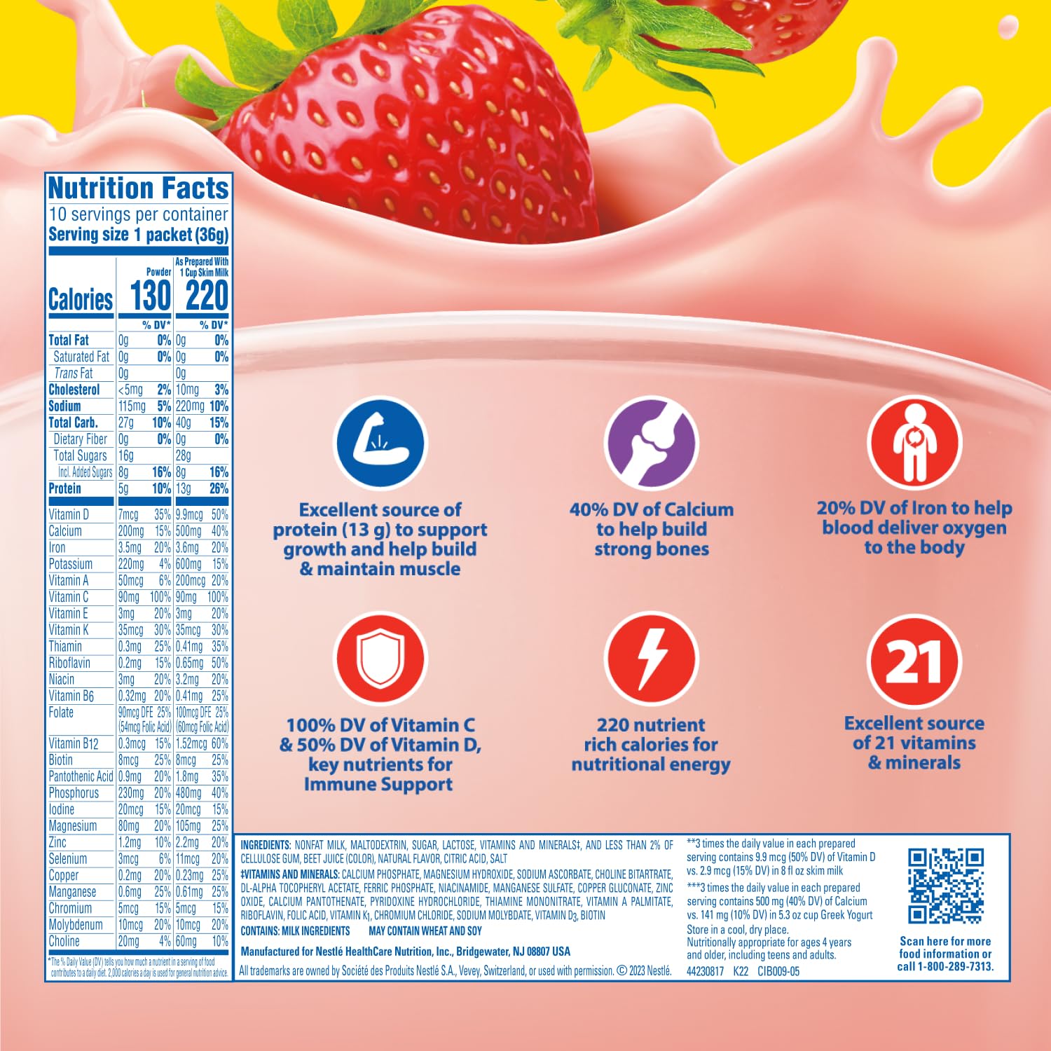 Carnation Breakfast Essentials Strawberry powder blended into smoothies for on-the-go nutrition.