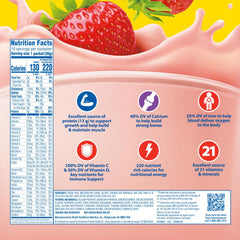Carnation Breakfast Essentials Strawberry powder blended into smoothies for on-the-go nutrition.