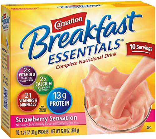 Carnation Breakfast Essentials Strawberry Sensation powder packet for a quick protein boost at breakfast.
