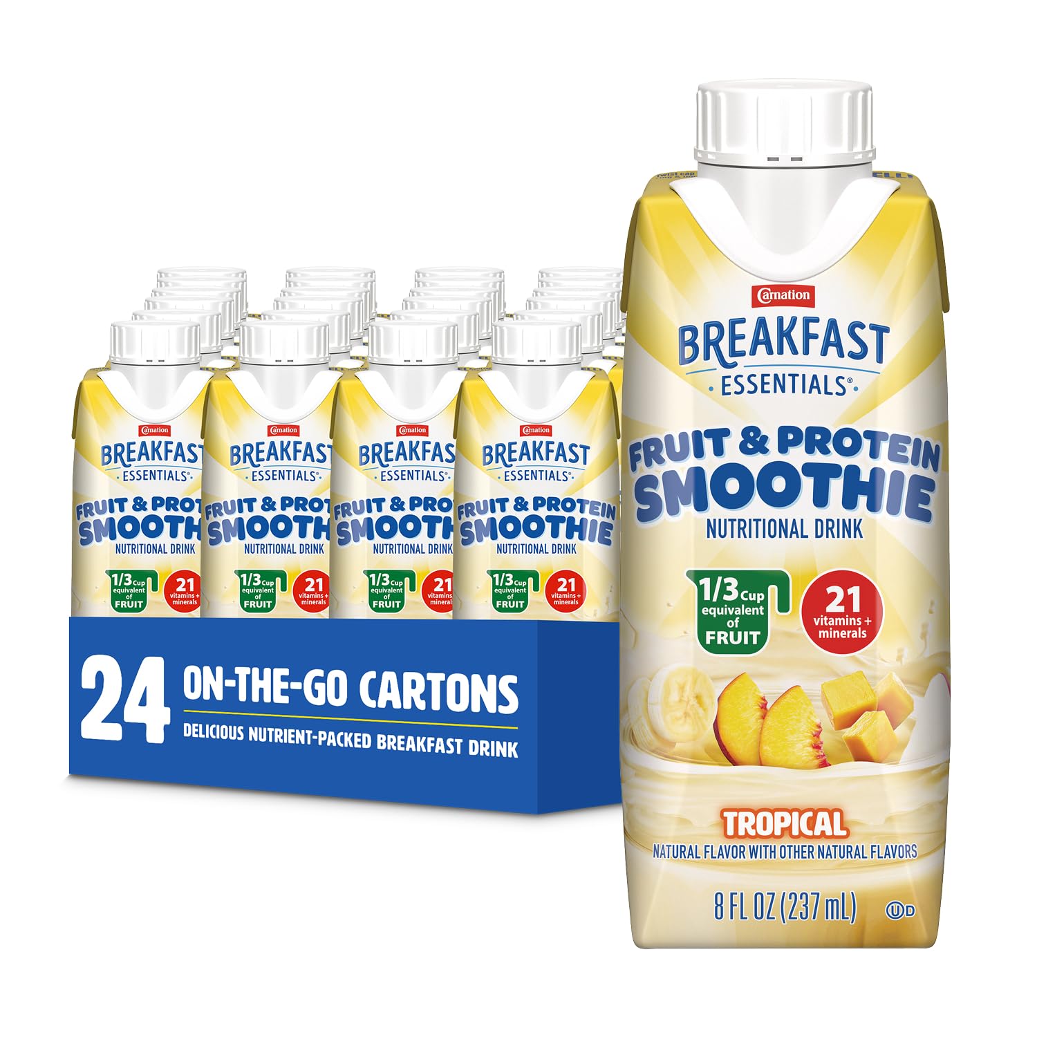 Carnation Breakfast Essentials Tropical Smoothie carton front showing convenient packaging