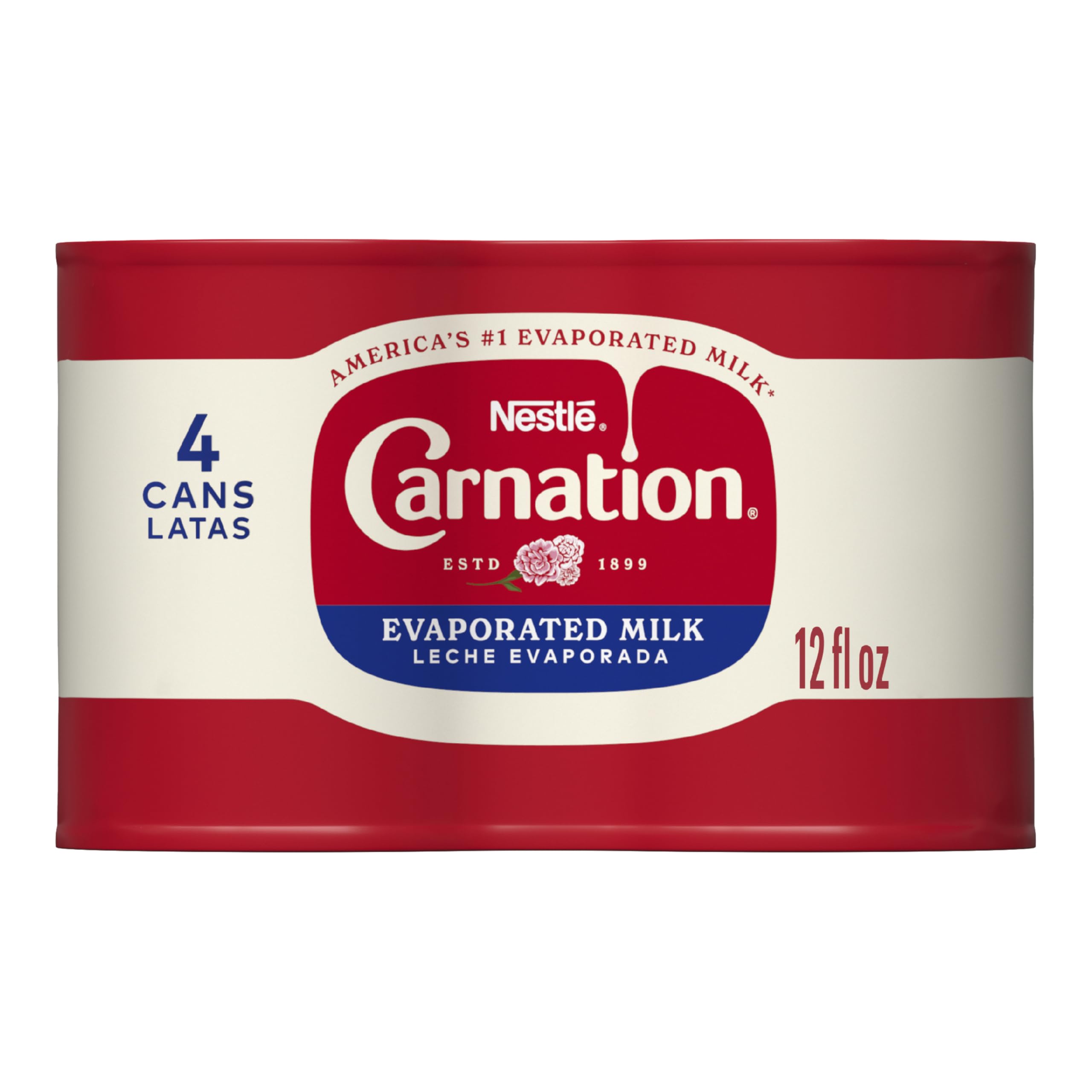 Carnation evaporated milk can 4-pack on pantry shelf for easy cooking.