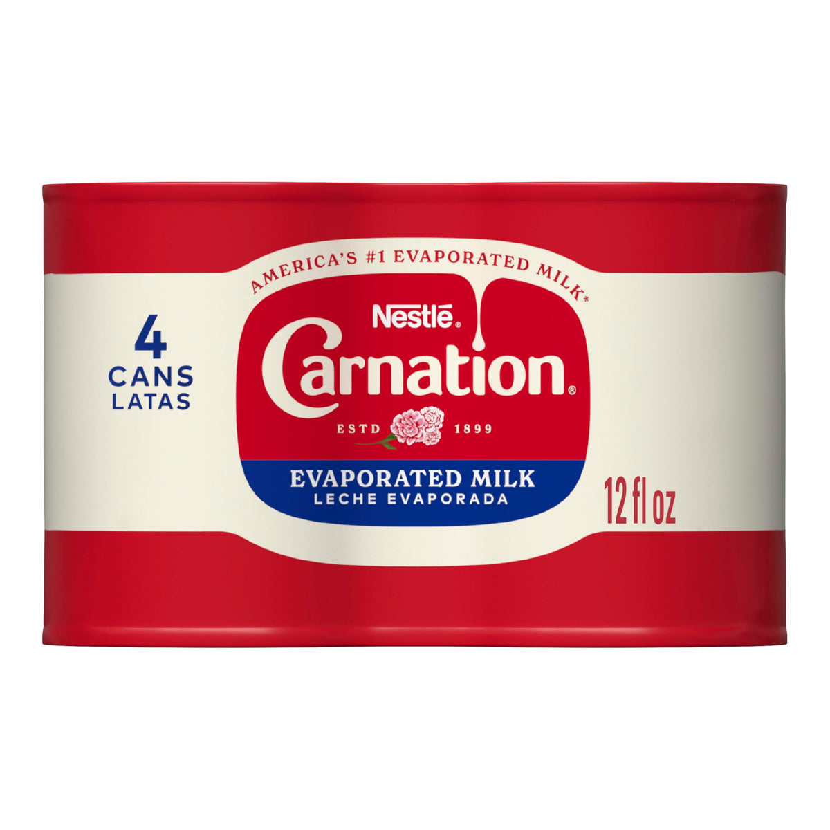 Carnation evaporated milk can 4-pack on pantry shelf for easy cooking.