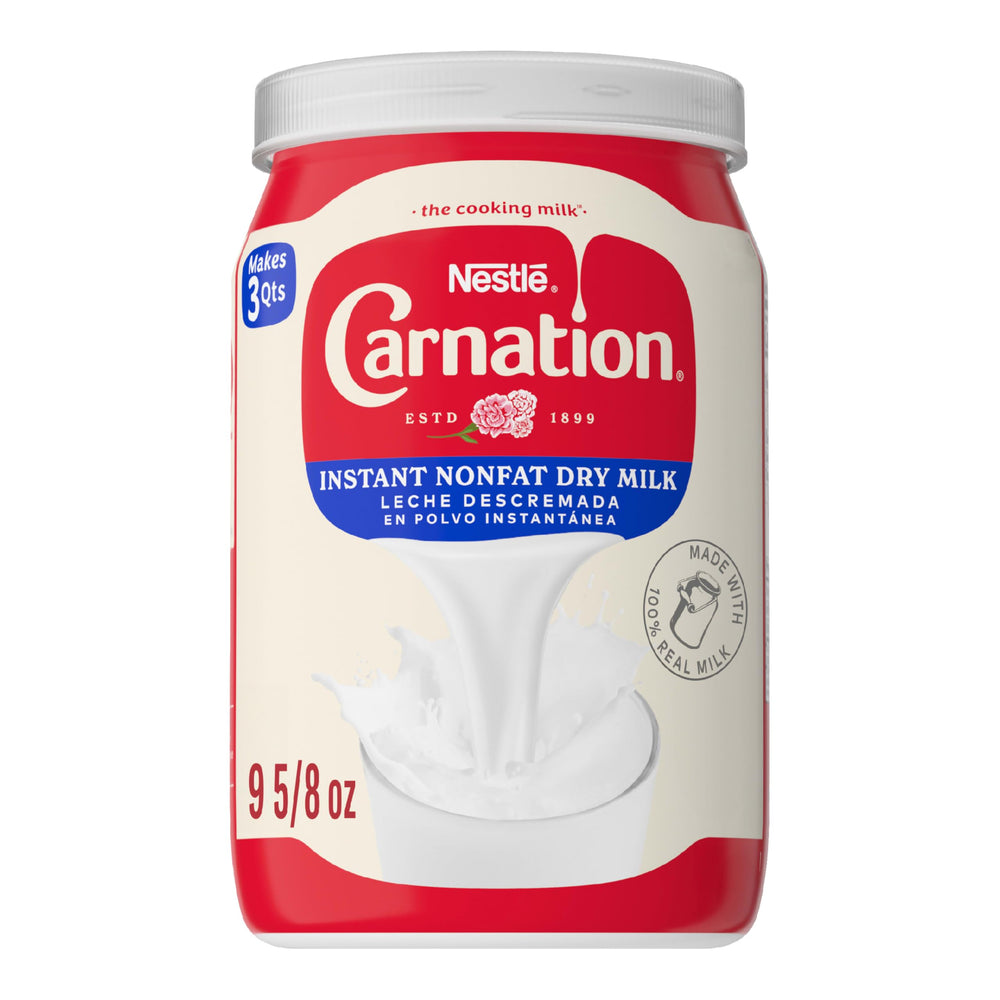 Carnation Instant Nonfat Dry Milk packaging shown for pantry storage and convenience.
