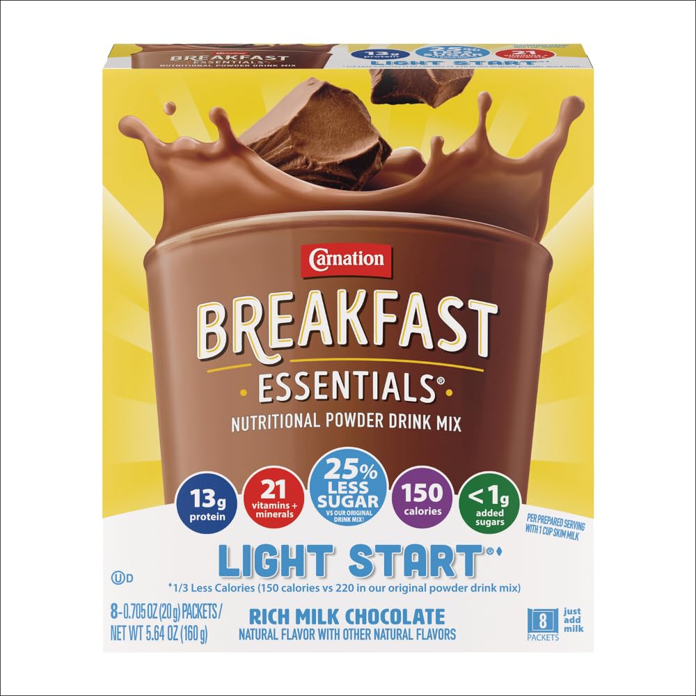 Carnation Light Start chocolate powder packet ready to mix for a quick breakfast.