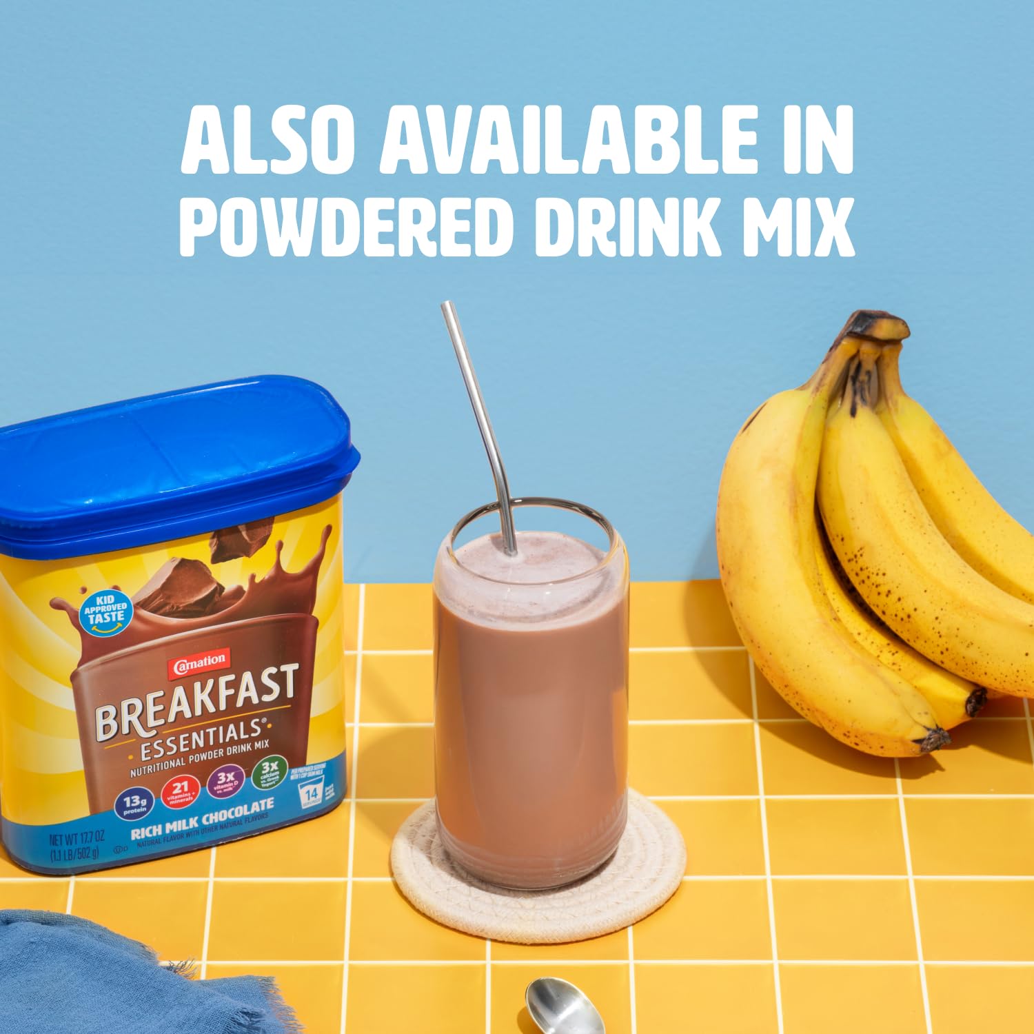Glass with Carnation Light Start drink, high protein breakfast option.
