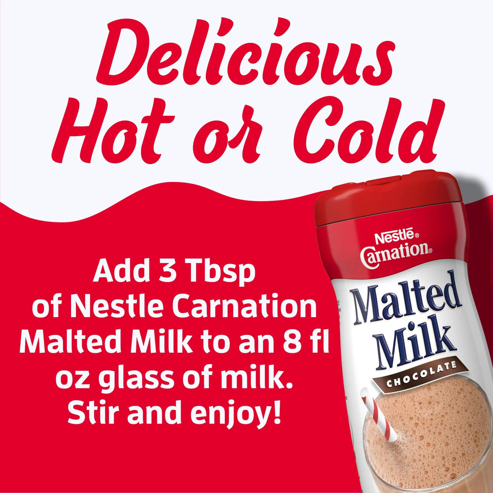 Ingredients background including wheat flour, malted barley, and cocoa with Carnation Chocolate.