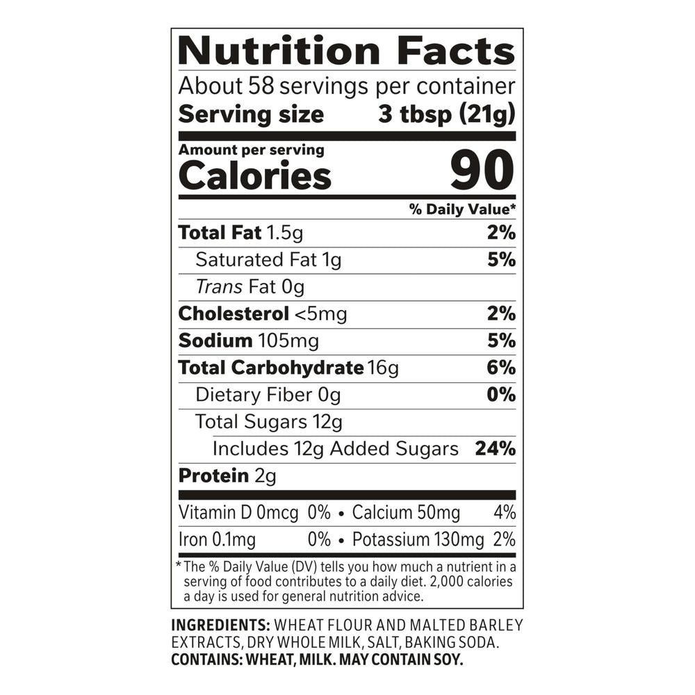 Carnation Malted Milk powder can-back, storage and label details for confidence