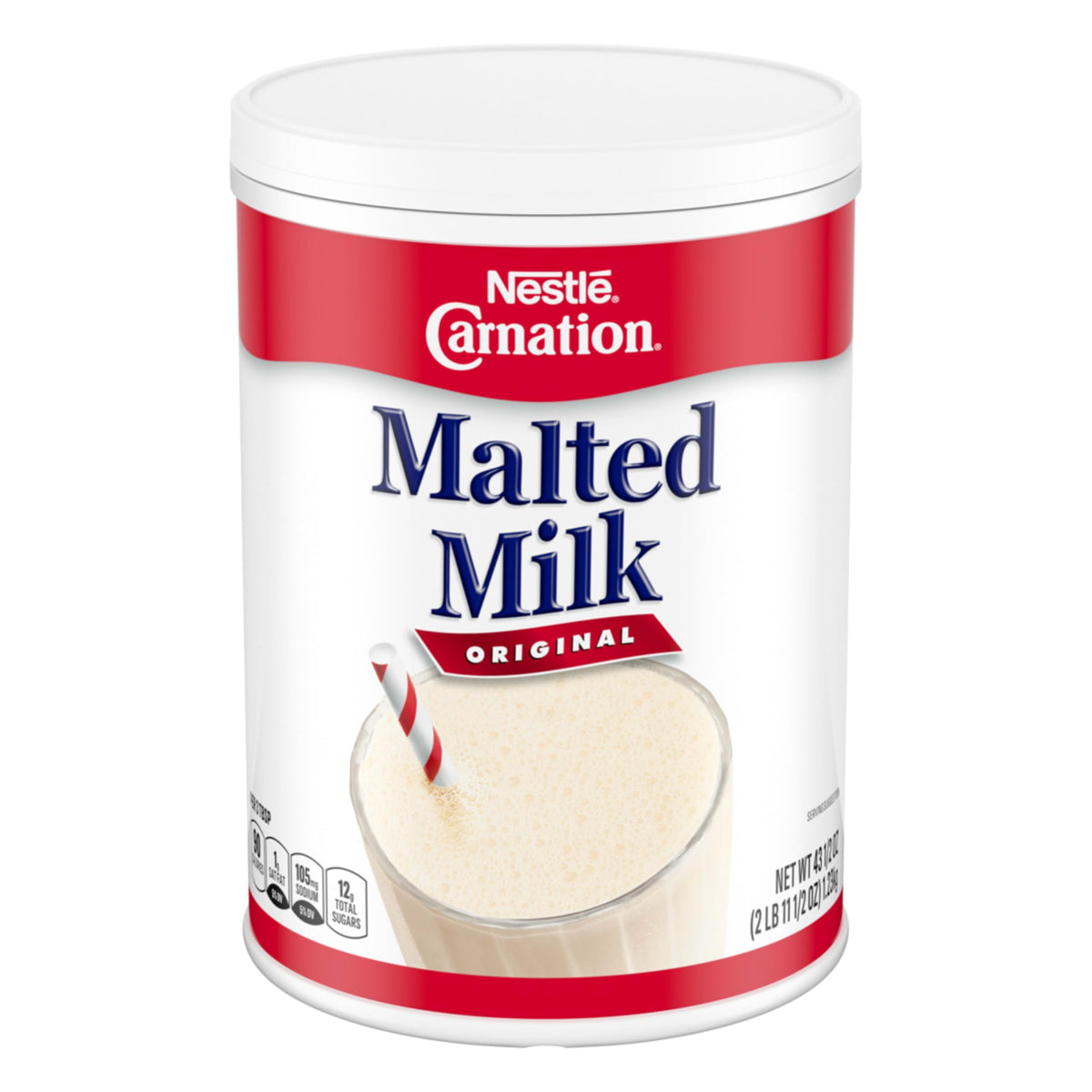 Carnation Malted Milk powder can-front, shelf-stable packaging for quick recipe prep