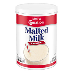Carnation Malted Milk powder can-front, shelf-stable packaging for quick recipe prep